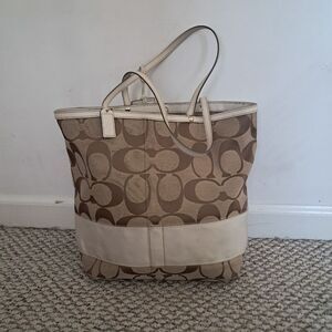 Coach Women's Tote Bag Signature Brown Beige Jacquard Canvas Monogram Casual